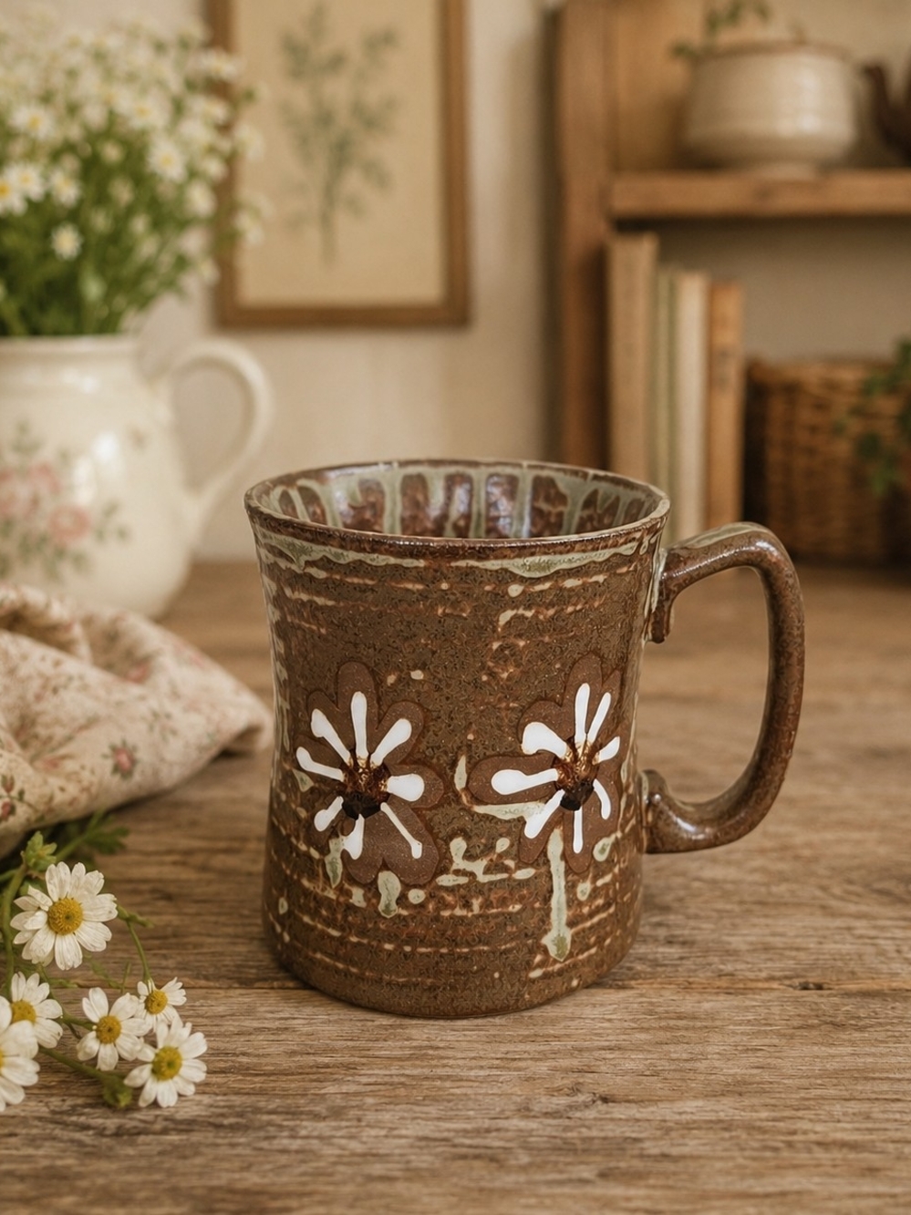 Studio Pottery Stoneware Mug Rustic Brown Floral Ceramic Coffee Tea Cup